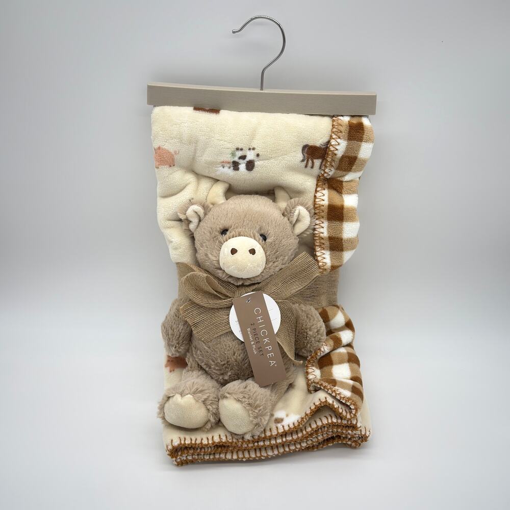 Chickpea 2 PC Farm Animals Baby Blanket & Cow Plush Stuffed Toy Chick Pea NEW